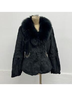 Vintage Black Rabbit & Fox Fur Jacket Rhinestone Detail